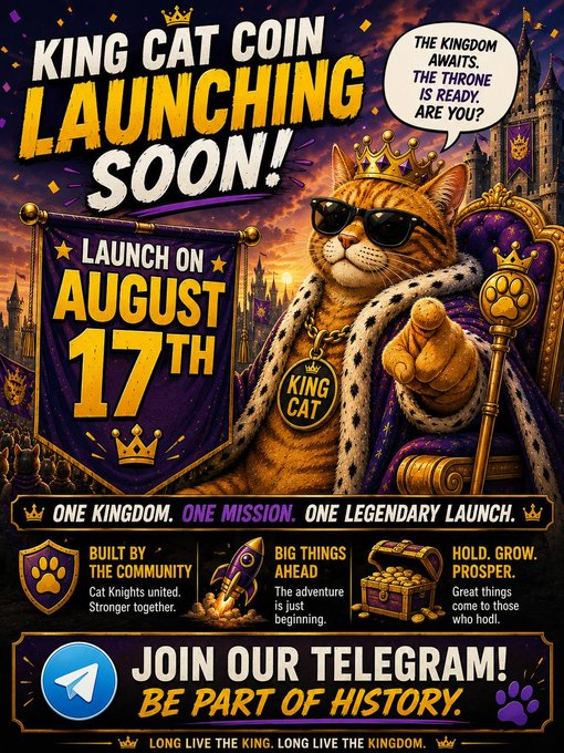 A detailed promotional poster for 'King Cat Coin Launching Soon!' on August 17th, showing a crowned cat king with sunglasses seated on a throne, with sections highlighting 'Built by the Community', 'Big Things Ahead', 'Hold. Grow. Prosper.', and a Telegram call-to-action 'Join Our Telegram! Be Part of History.'