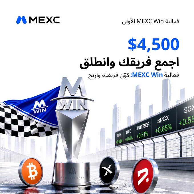 A promotional image for the "MEXC Win" campaign featuring a silver trophy with an M-flag, cryptocurrency logos (Bitcoin, XRP, and another token), and a stock ticker displaying tickers like NDX, BTC, UNITREE, SPCX, and SGX with percentage gains. The Arabic text announces "$4,500" as the prize pool and invites users to "Gather your team and launch" the MEXC Win event, tying directly to the accompanying post about the team-building competition offering 10 USDT prizes.
