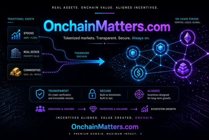 A digital advertisement for the domain 'OnchainMatters.com' featuring glowing tokens, with text explaining tokenized markets, transparency, security, and ecosystem growth.