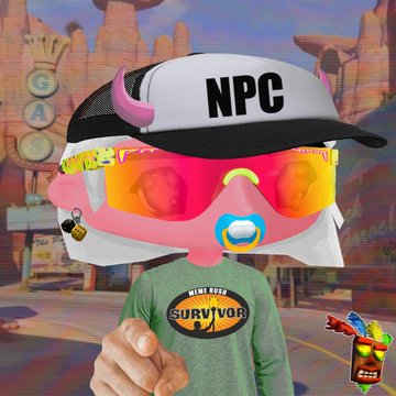 A Roblox character wearing a white and black "NPC" cap, pink-tinted sunglasses, a pacifier, and a "HIGH SUGAR SURVIVOR" t-shirt, standing in a desert gas station environment.
