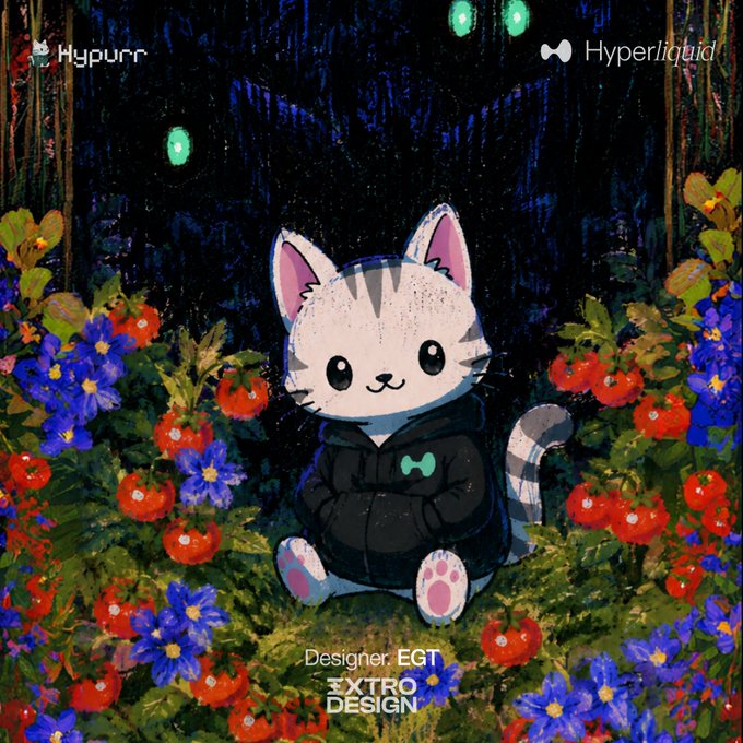 An illustrated digital artwork features a cute cartoon cat in a black hoodie surrounded by red tomatoes and blue flowers, with text 'Hypurr' and 'Hyperliquid' logos and 'Designer: EGT, EXTRO DESIGN' at the bottom.