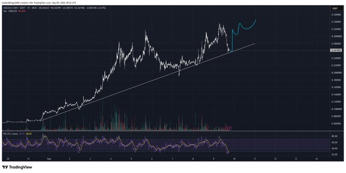 A TradingView stock chart for 'HIMS' showing a candlestick price graph with an upward trendline, volume bars, and an RSI indicator.