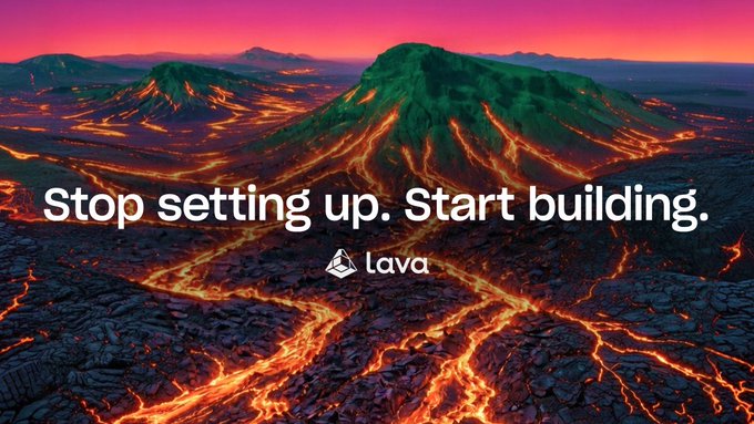 A dramatic aerial view of glowing orange lava flows snaking across dark volcanic terrain beneath a pink sunset sky, overlaid with the bold white text "Stop setting up. Start building." and the "lava" logo. The imagery mirrors the post's message of bypassing tedious infrastructure setup by channeling developers' energy directly into building, with the molten lava serving as a visual metaphor for Lava Network's powerful, ready-to-use RPC endpoints.