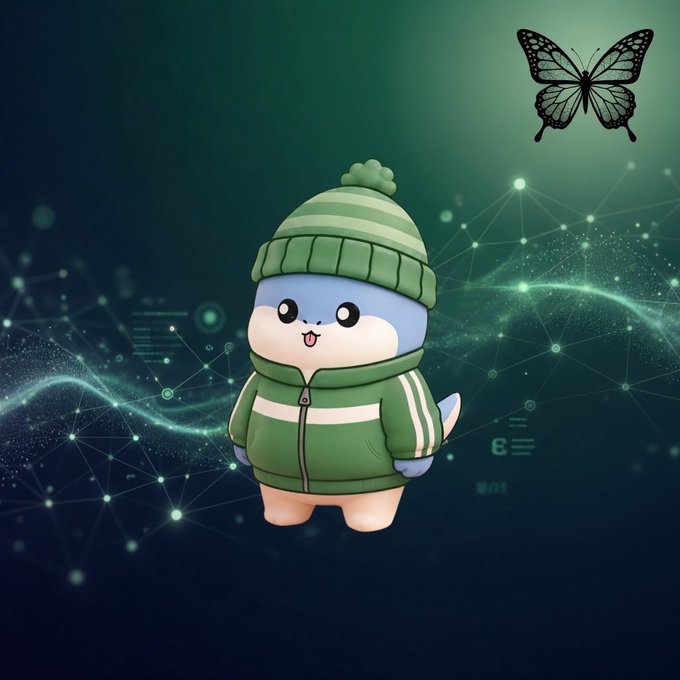 The image features a cute cartoon character wearing a green jacket, hat, and gloves with a teddy bear's face. The background consists of a dark blue color with white stars scattered throughout. There are also black lines visible in the image. The caption reads "One thing I keep thinking about: Proof of Work burns massive energy solving problems nobody actually needs solved. What if that compute secured a network and solved useful optimization problems at the same time? That part of @quipnetwork feels genuinely different."