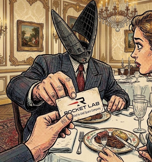 A pop-art style illustration of a figure with a rocket/missile for a head, dressed in a suit, handing a 'Rocket Lab - End-to-End Space Company' business card to a shocked woman at a fancy dinner.