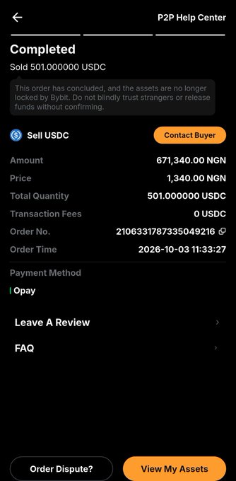The image displays a completed P2P transaction on Bybit's Help Center, showing a successful sale of 501.000000 USDC for 671,340.00 NGN at a rate of 1,340.00 NGN per USDC, paid via Opay with order number 2106331787335049216. This likely represents earnings from a web3 job, tying into the "Thank you web3 Jobs" post by showcasing crypto-to-fiat income.