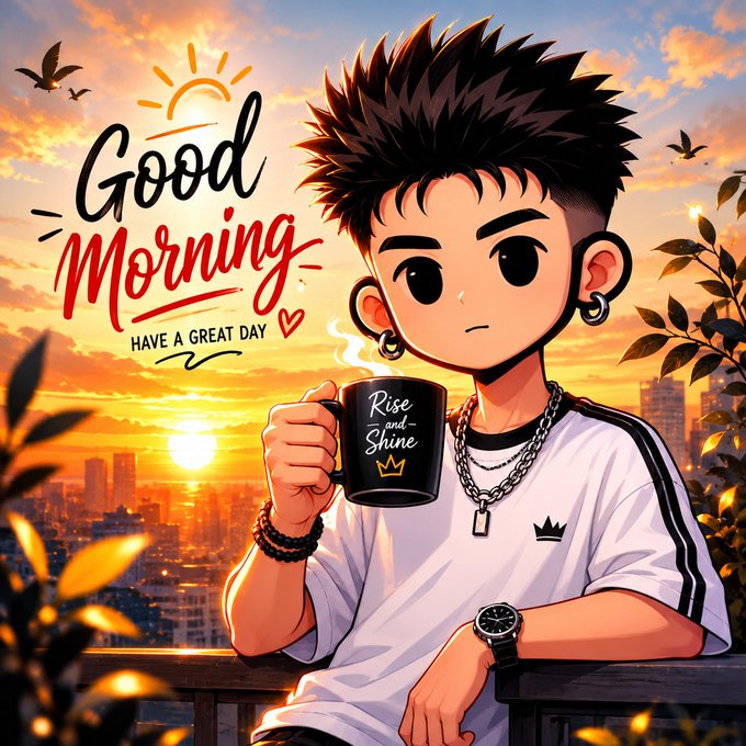 The image features a young boy with spiky hair, dressed in a white shirt and holding a black coffee mug with the phrase "Rise and shine! Have a beautiful morning and a wonderful day." The background of the image shows an orange sky with clouds, which complements the overall theme of the post.