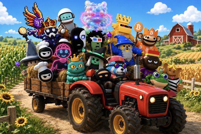A vibrant digital illustration showing a red tractor packed with various cartoon characters, mascots, and NFT-style avatars riding through a sunny farm field with a red barn in the background.