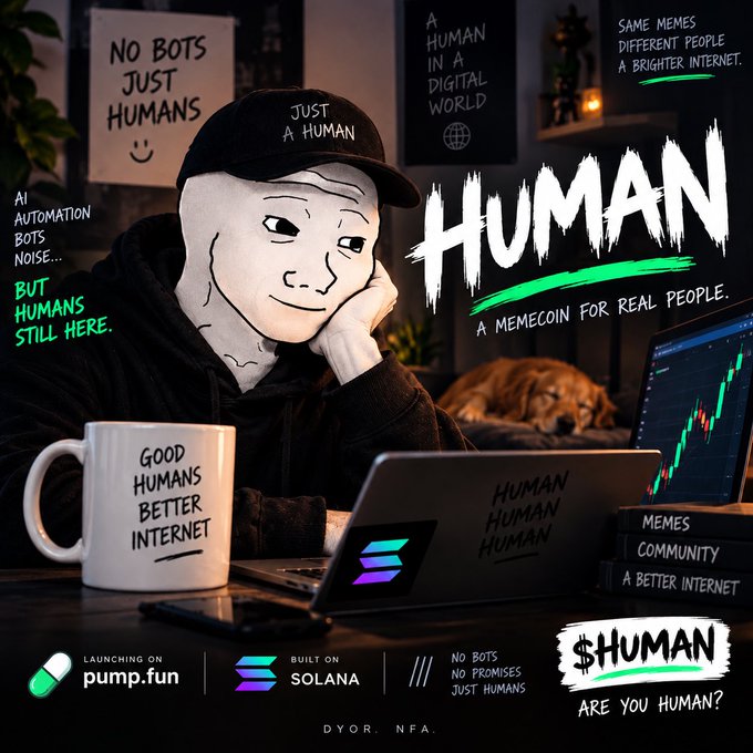 A promotional graphic for the '$HUMAN' memecoin, featuring a person in a Wojak mask and 'Just A Human' cap, with slogans like 'A HUMAN IN A DIGITAL WORLD', 'NO BOTS JUST HUMANS', and logos for pump.fun and Solana.