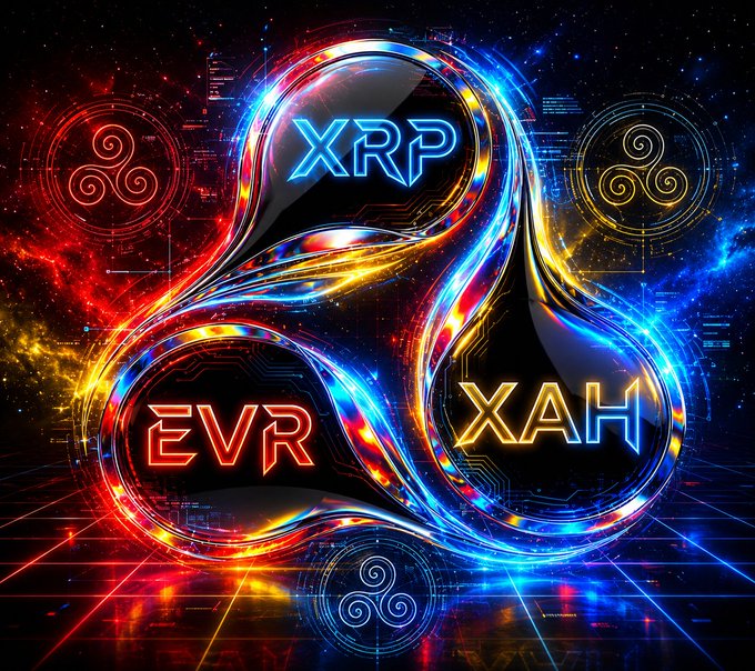 A vibrant digital artwork displays three interconnected circular nodes labeled "XRP," "XAH," and "EVR" against a cosmic, neon-lit background with triskelion symbols, visually representing the three cryptocurrencies mentioned in the post as part of an interconnected network.