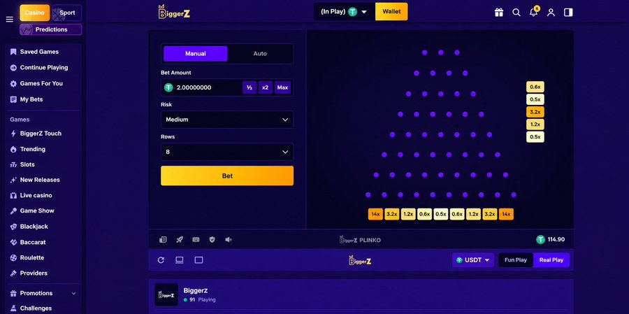 A screenshot of the BiggerZ online casino platform showing a Plinko game interface with a bet amount of 2.00000000, medium risk, 8 rows, and various multiplier slots.