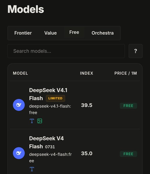 A dark-themed app interface showing AI models available on OpenRouter, with tabs for Frontier, Value, Free, and Orchestra, listing 'DeepSeek V4.1 Flash' (limited, index 39.5, free) and 'DeepSeek V4 Flash 0731' (index 35.0, free).