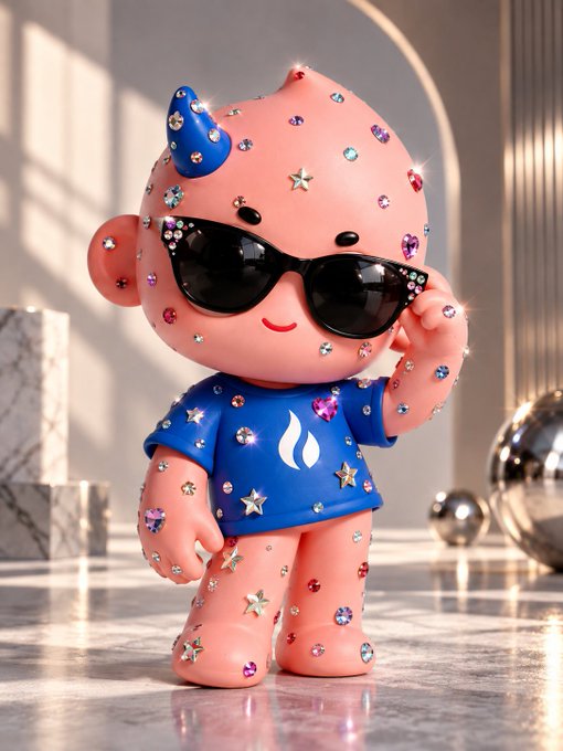 A pink, rhinestone-studded cartoon character figurine wearing a blue shirt and sunglasses, posing in a luxurious setting with marble columns and metallic spheres.