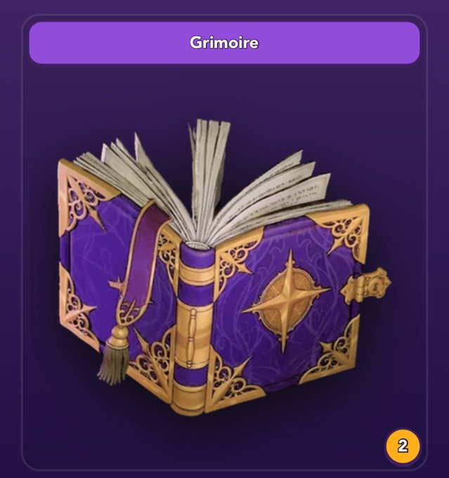 A digital trading card labeled "Grimoire" features an ornate purple and gold magical book with an open spellbook design, displaying the number "2" in the bottom right corner. The card appears to represent an in-game item minted from the Everdraw RPG collection.