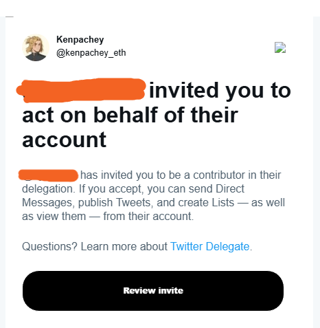 A screenshot of a Twitter invitation from user Kenpachey (@kenpachey_eth) stating they have invited the recipient to act on behalf of their account as a contributor in their delegation, with a 'Review invite' button at the bottom.