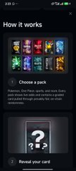 A mobile app screenshot titled 'How it works' showing three steps: 'Choose a pack', and 'Reveal your card', describing a card-collecting experience called 'Passion' where users reveal unique cards.