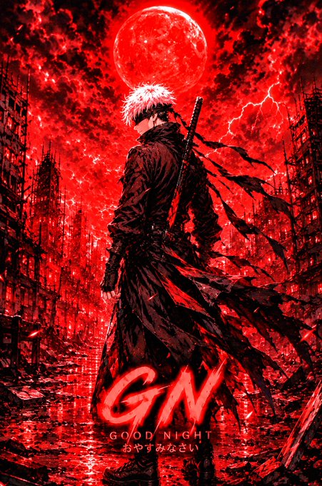 A dramatic red-toned anime-style poster features a white-haired swordsman standing before a large red moon with lightning, displaying the text 'GN' and 'GOOD NIGHT おやすみなさい'.