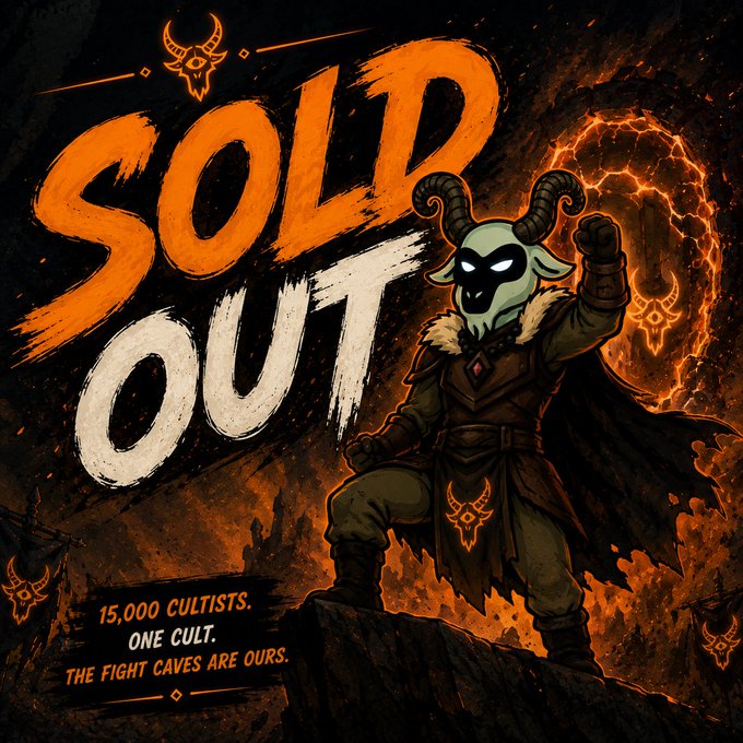 A promotional graphic with the large text 'SOLD OUT' in orange and white, featuring a masked, horned warrior character and the text '15,000 CULTISTS. ONE CULT. THE FIGHT CAVES ARE OURS.'
