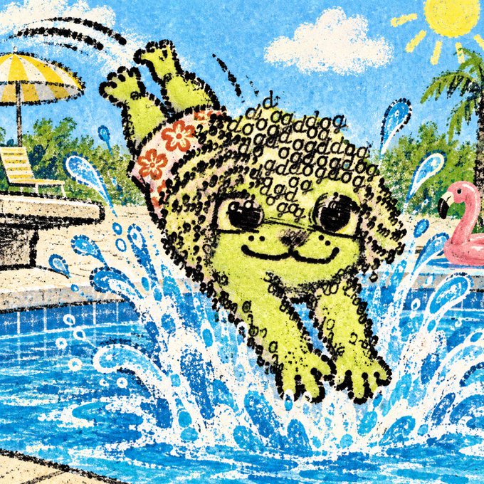 A whimsical chalk-style illustration of a cute green character in a snorkel and swim trunks joyfully splashing in a swimming pool, with a beach umbrella, lounge chair, flamingo float, and sunny sky in the background.