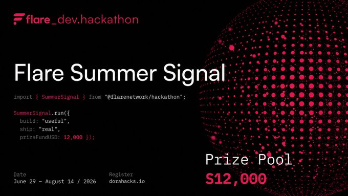 An image promoting the "Flare Summer Signal" hackathon by @flarenetwork/hackathon, featuring code that creates a "SummerSignal" with a prize pool of $12,000 and the event running from June 29 - August 14, 2026, with registration at dorahacks.io.

The post mentions the mentor lineup for the Flare Summer Signal hackathon, which aligns with the image's promotional nature for the same event.