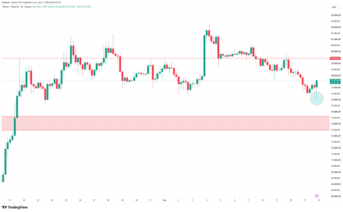 A TradingView candlestick chart of Bitcoin (BTC/USD) on the 4-hour timeframe shows the price around $80,400, recovering from a recent dip to ~$77,500 (highlighted by a blue circle) after bouncing off the $74,000–$75,000 support zone (shaded red), reflecting the market's quick rebound and dismissal of bearish CPI concerns noted in the caption.