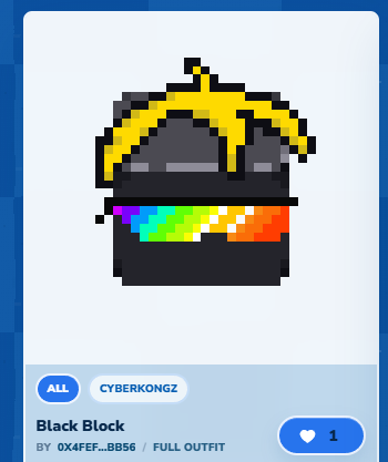 A pixel art NFT titled "Black Block" by 0x4FEF...8B56 from the CyberKongz collection, featuring a black block character wearing a crown and a rainbow band, fitting the post's theme of integrating Blupix into other NFT universes.