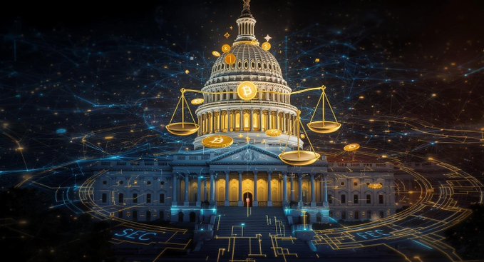 A digital artwork depicting the U.S. Capitol building illuminated with golden Bitcoin coins, scales of justice, and cryptocurrency symbols overlaid on a glowing blue technological network background with 'SEC' visible at the base.