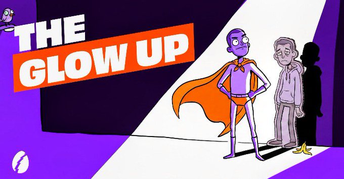 An illustrated thumbnail or banner titled 'THE GLOW UP' in bold white and orange text on a purple background, depicting a cartoon superhero figure with an orange cape standing next to a dejected man whose shadow reveals a small banana peel.