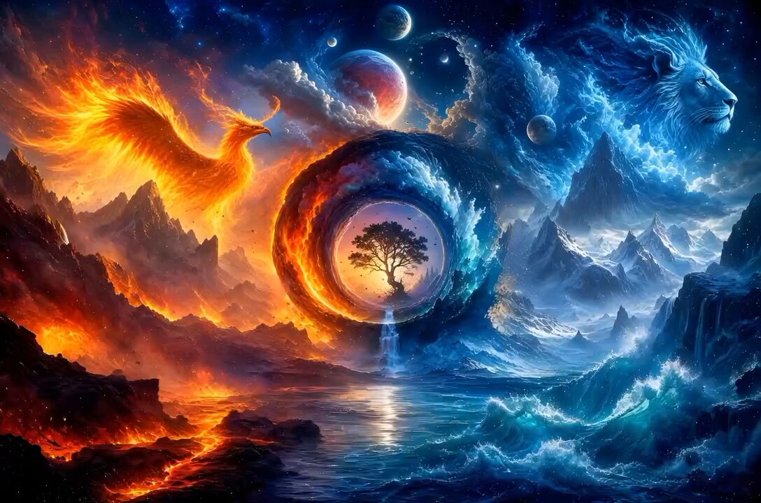 The image features a painting that depicts a fiery dragon, a tree with a hole through its trunk, and a circle of fire surrounded by water and mountains. The colors used are predominantly red, orange, blue, and green, creating a vibrant and dynamic scene. The painting is titled "The Symbiosis of Chaos" and has been shared on social media platforms like Twitter and Instagram.