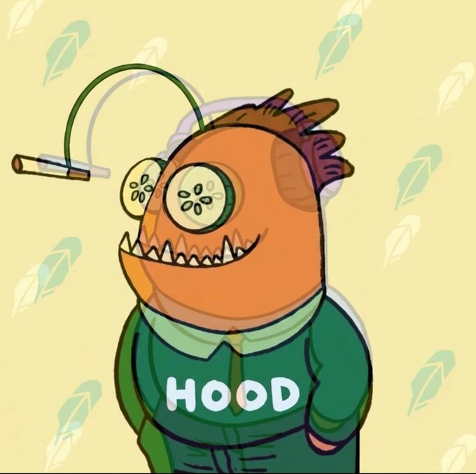 An orange fish-like character with a cigarette, labeled 'HOOD', resembling a sea creature meme with green leaves in the background.