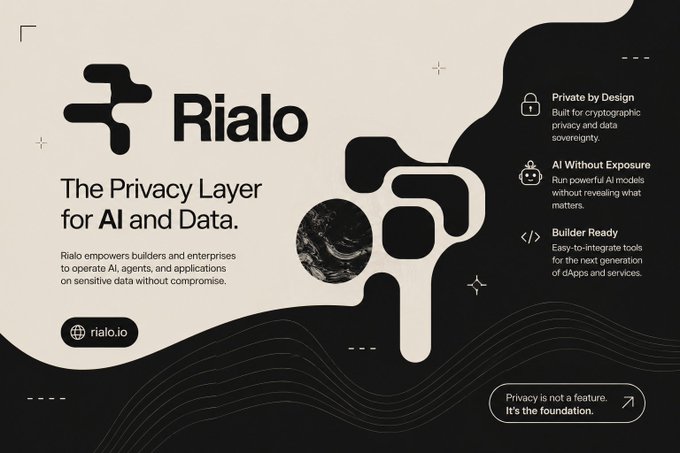 A promotional graphic for "Rialo" (rialo.io), described as "The Privacy Layer for AI and Data," highlighting features like "Private by Design," "AI Without Exposure," and "Builder Ready."