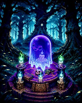 A mystical digital artwork showing a purple ghost-like figure under a glass dome in a magical forest setting, surrounded by candles, a pentagram, a skull, and a sign reading 'AAVE'.