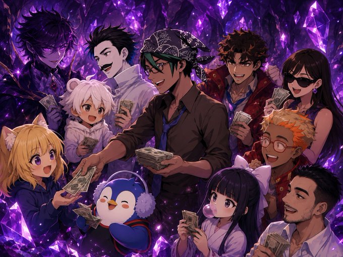 In this image, there is an anime-style illustration of a group of people gathered together with money in their hands. The characters include a man wearing a tie, a woman holding a purse, and several other individuals who are also holding money or cards. They appear to be celebrating or sharing something, possibly related to the post that says "Congrats to the winners @saka_Algo @zera_chielo @Emeraldxyzz @ilias_xyz @lia_rocks888 @naivewolf_ Thank you for the love @PlayaNft @wajiha_hussain @0x_NickTheFreak @SkabWorks @napkins8". The characters are depicted in a cartoon style, and they seem to be enjoying themselves as they interact with each other.
