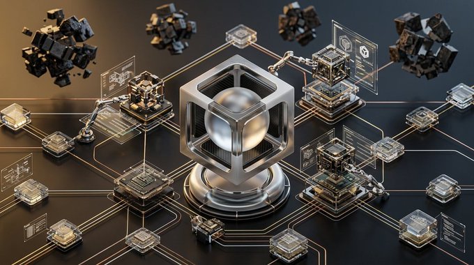 A 3D rendered image depicting a technological or blockchain concept, showing a central metallic cube with a silver sphere inside, connected by circuit-like pathways to various server nodes and floating data clusters.