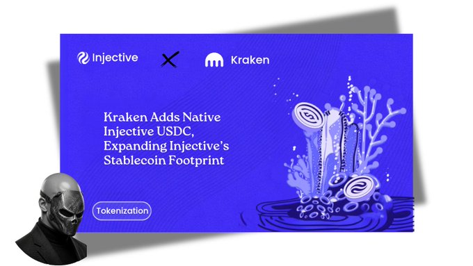 An announcement graphic featuring a masked figure (Diabolik/Top Cat mascot) announcing 'Kraken Adds Native Injective USDC, Expanding Injective's Stablecoin Footprint' with Injective and Kraken logos.