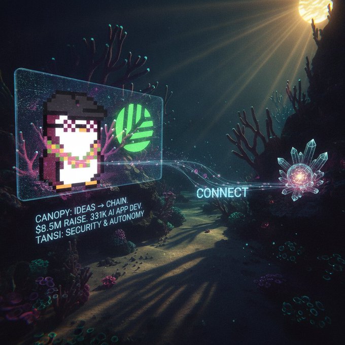 Canopy Network promotional artwork showing a pixel-art character underwater with text 'CANOPY: IDEAS → CHAIN, $8.5M RAISE, 331K AI APP DEV, TANSI: SECURITY & AUTONOMY' connecting to a crystal labeled 'CONNECT'.