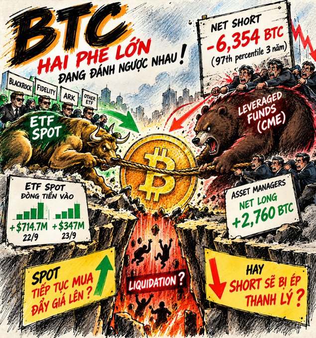 An illustrated financial cartoon in Vietnamese about Bitcoin (BTC) depicting a 'bull' (ETF SPOT) and a 'bear' (leveraged funds/CME) in a tug-of-war, noting a net short of -6,354 BTC and ETF spot inflows of +$714.7M.