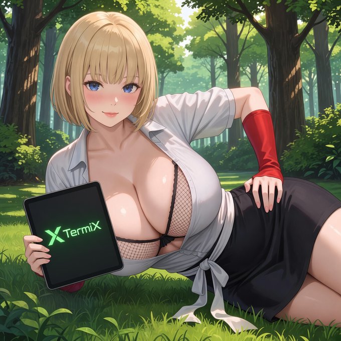 An anime-style illustration of a blonde girl with blue eyes in a forest, holding a tablet displaying the 'XTermiX' logo.