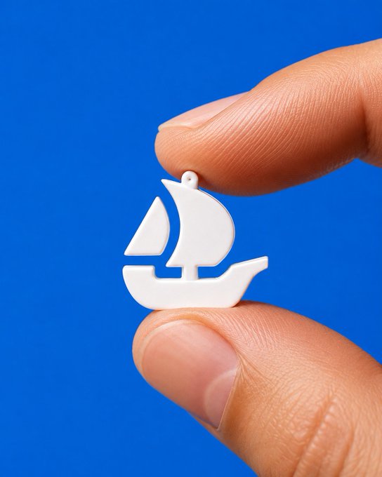 A close-up of fingers holding a small white 3D-printed boat charm against a solid blue background.