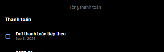 Dark-themed payment screen in Vietnamese showing 'Tổng thanh toán' (Total payment) and 'Đặt thanh toán tiếp theo' dated Sep 11, 2026.