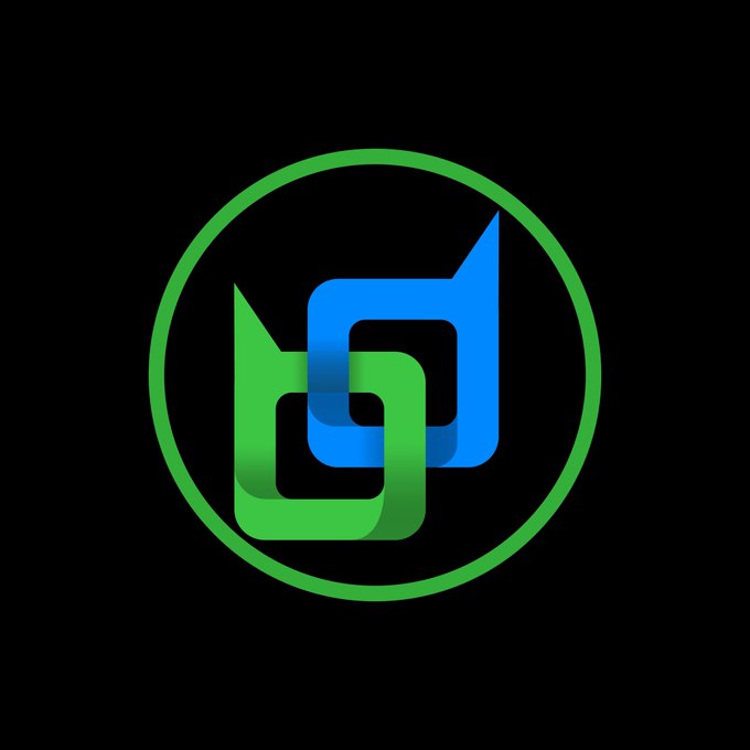 A simple logo on a solid black background consisting of a green circle outline containing two interlocking, stylized bracket-like shapes in gradients of green and blue.