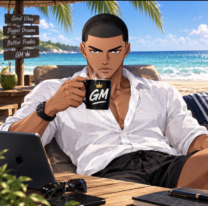 An anime-style illustration of a man in an open white button-up shirt drinking from a black mug with a 'GM' crown logo while working on a laptop at a beach, with text on a wooden sign reading 'Good Vibes, Bigger Dreams, Better Trades, GM'.