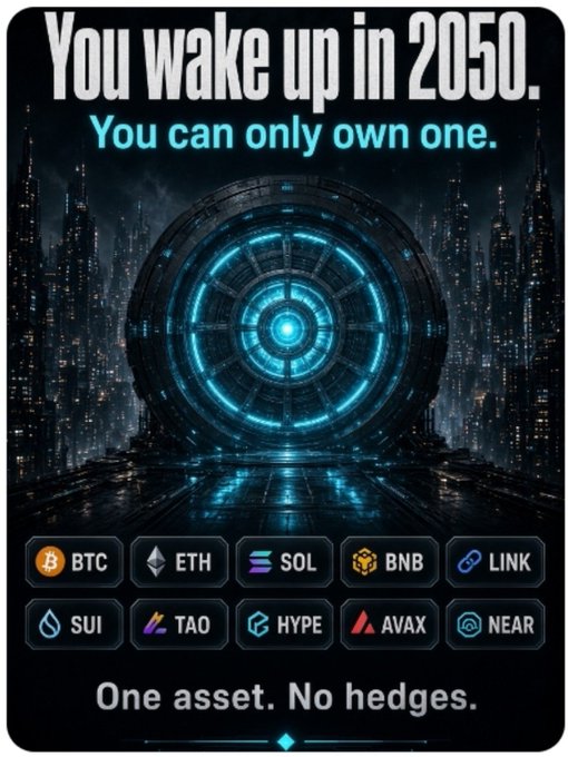 A futuristic 'You wake up in 2050. You can only own one' crypto meme with options BTC, ETH, SOL, BNB, LINK, SUI, TAO, HYPE, AVAX, and NEAR, captioned 'One asset. No hedges.'