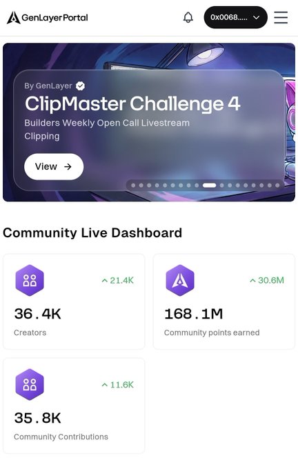 A screenshot of the GenLayer Portal showing a 'ClipMaster Challenge 4' banner and a Community Live Dashboard with 36.4K Creators, 168.1M Community points earned, and 35.8K Community Contributions.