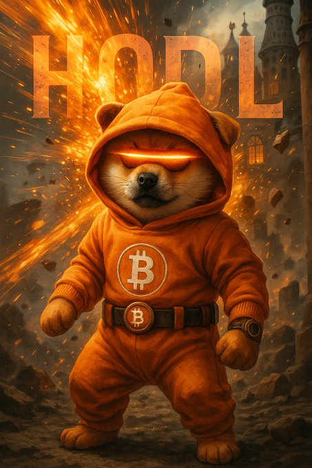 A digital illustration depicts a Shiba Inu dog dressed in an orange hooded jumpsuit with Bitcoin logos, featuring glowing red eyes and the text "HODL" in the background amid fiery explosions.