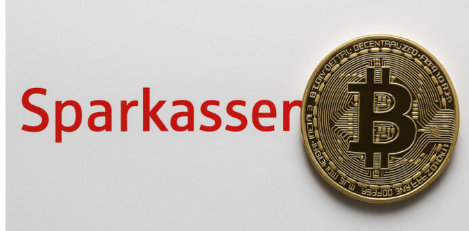 Image showing the red 'Sparkassen' logo next to a gold physical Bitcoin coin.