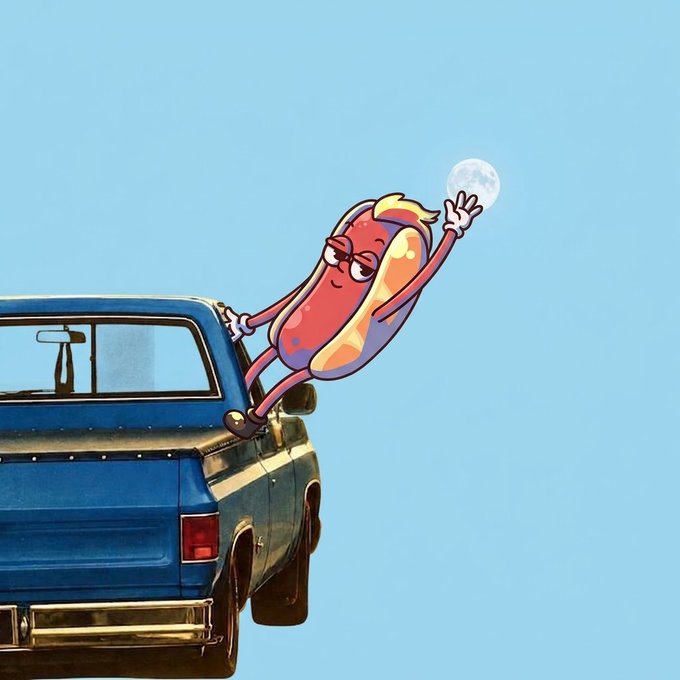 An animated illustration shows a cartoon hot dog character with sunglasses reaching out of the back of a blue pickup truck to touch the moon against a clear blue sky.