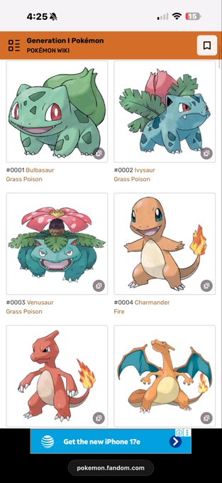 A screenshot from pokemon.fandom.com's "Generation I Pokémon" wiki page displays the original Kanto starter Pokémon lineup: Bulbasaur (#0001), Ivysaur (#0002), Venusaur (#0003), and Charmander (#0004), with Charizard also visible. The image directly supports the post's announcement about creating Gen 1 starter Pokémon coins, showcasing the iconic Grass-type (Bulbasaur line) and Fire-type (Charmander line) characters that will likely feature on the upcoming coins.