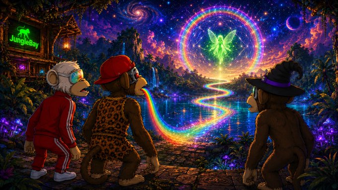 A vibrant fantasy illustration showing three anthropomorphic monkey characters standing before a glowing rainbow portal with a fairy silhouette, with a neon sign reading 'JungleBay' visible in the background.