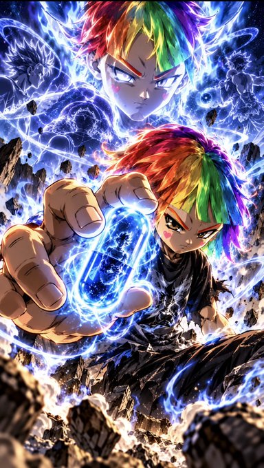 An anime-style illustration of a character with rainbow-colored hair holding glowing blue energy between their hands, with a translucent face above against a dark background.